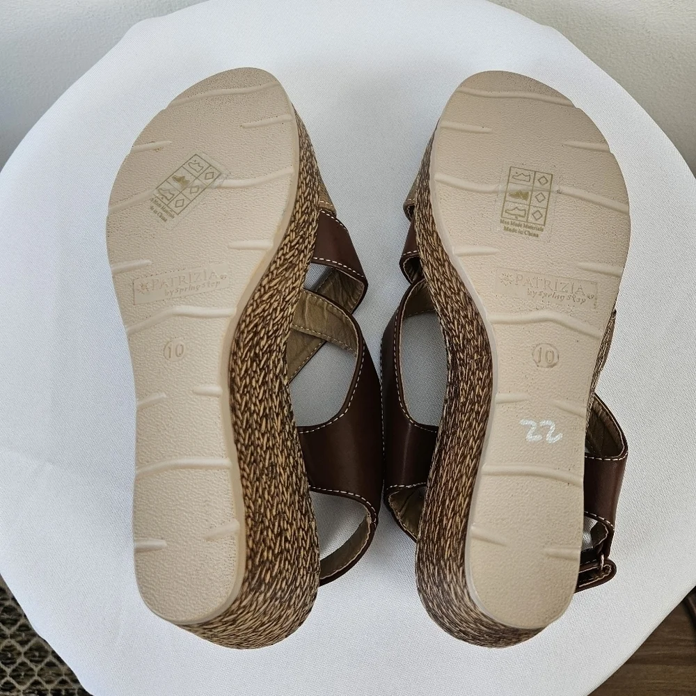 Patrizia by Spring Step Brown Faux Leather Wedge Sandals | Mid Heel Size 10